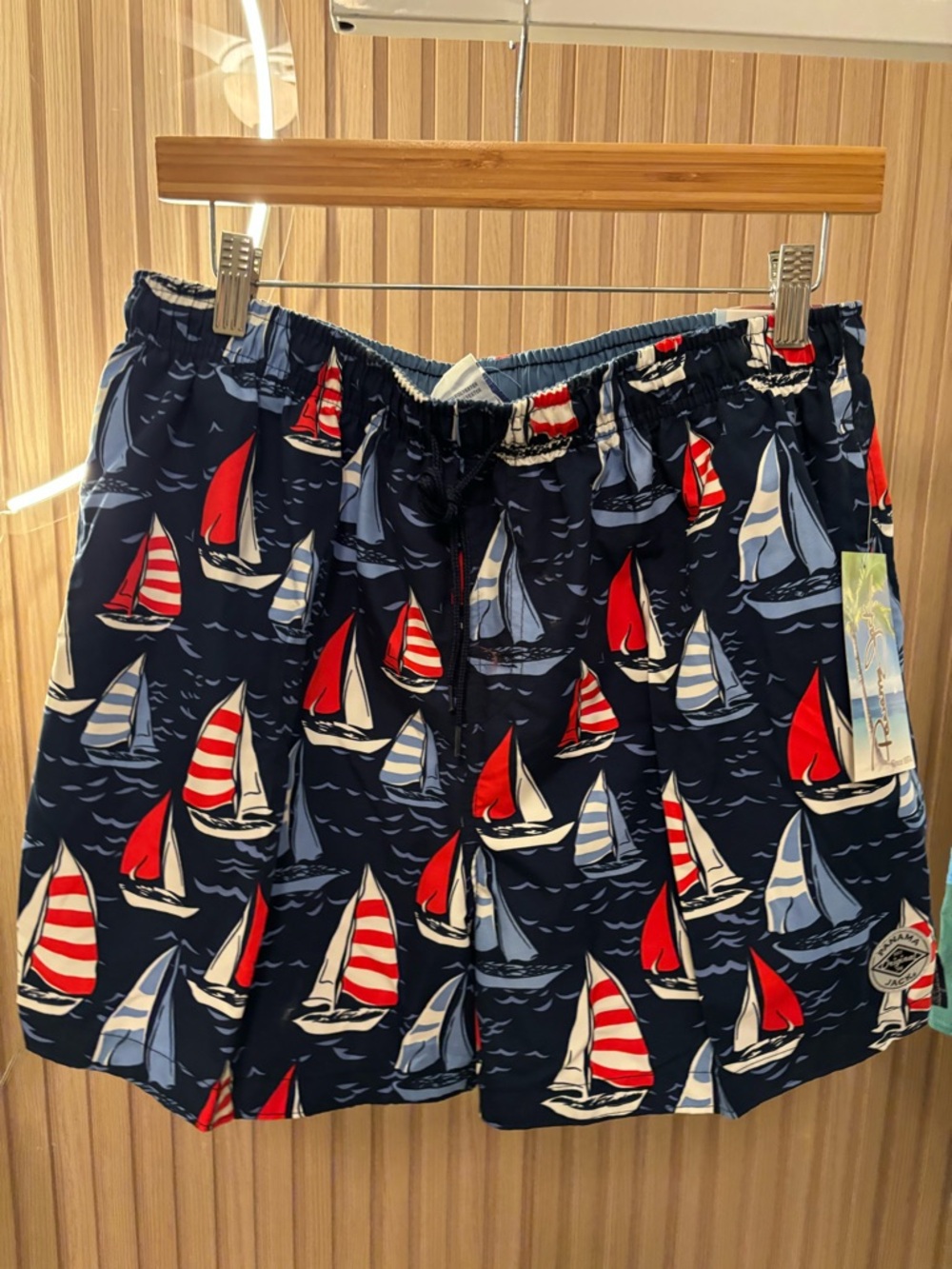 Panama Jack Men’s Navy Swim Trunks with Red & White Sailboat Print